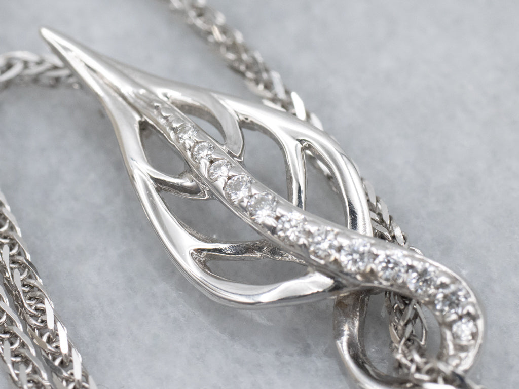 Grey Pearl and Diamond Drop Botanical White Gold Necklace