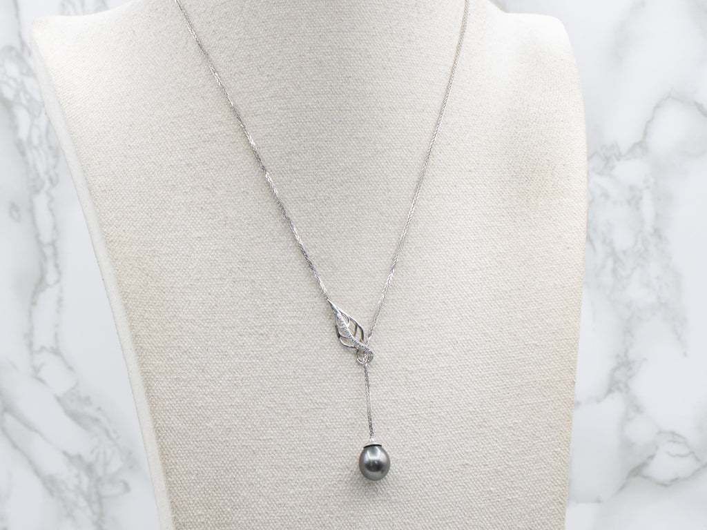 Grey Pearl and Diamond Drop Botanical White Gold Necklace