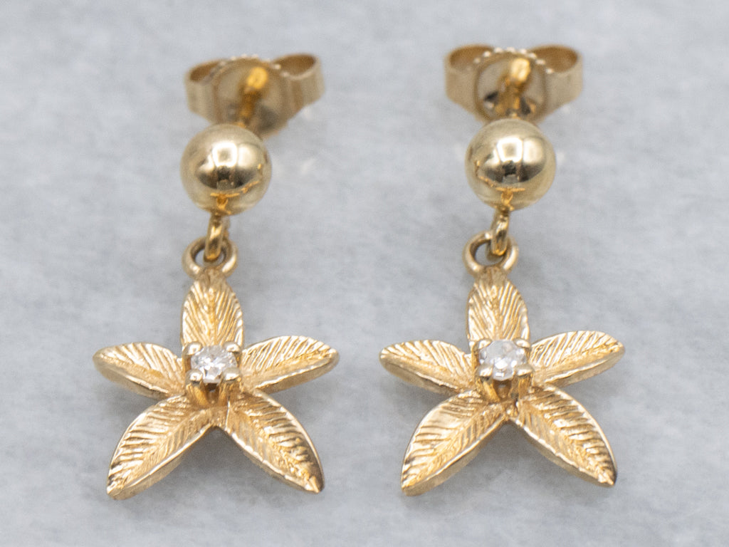 Floral Textured Gold and Diamond Drop Earrings