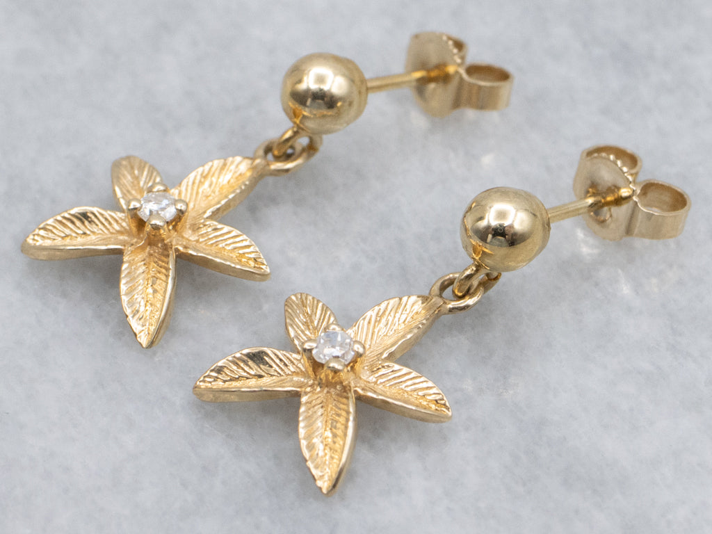 Floral Textured Gold and Diamond Drop Earrings