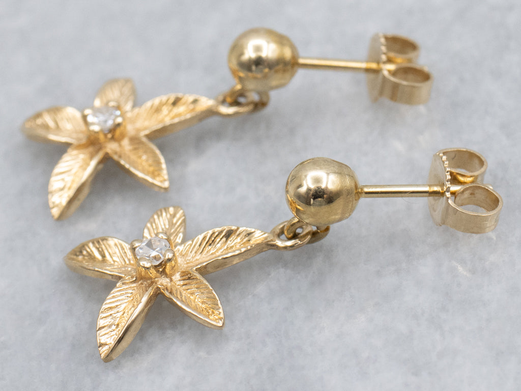Floral Textured Gold and Diamond Drop Earrings