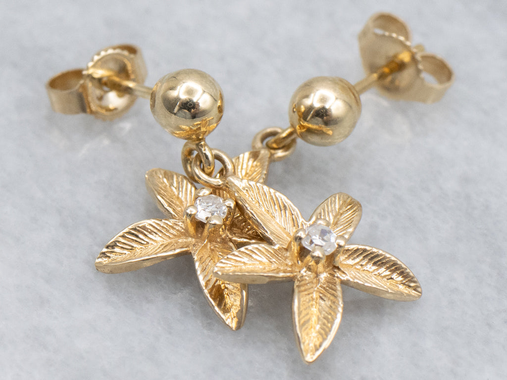 Floral Textured Gold and Diamond Drop Earrings
