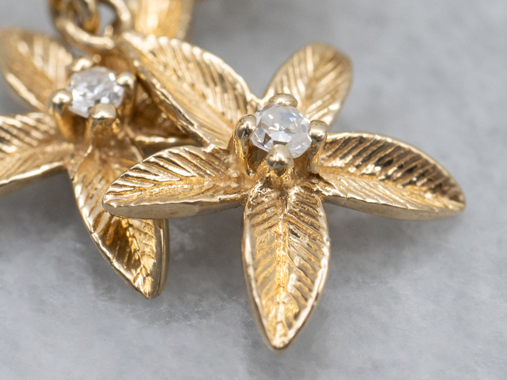 Floral Textured Gold and Diamond Drop Earrings