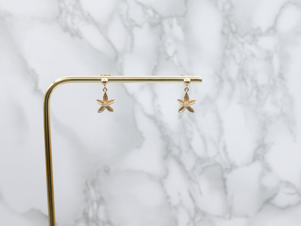 Floral Textured Gold and Diamond Drop Earrings
