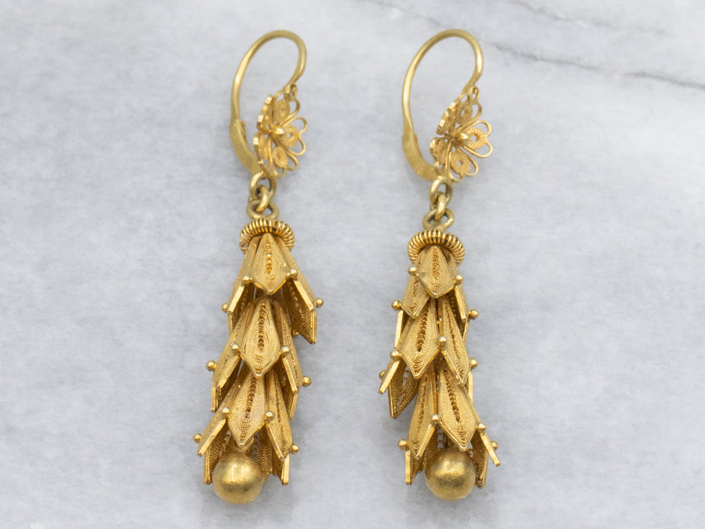 Vintage 18K Yellow Gold Quilled Filigree Drop Earrings