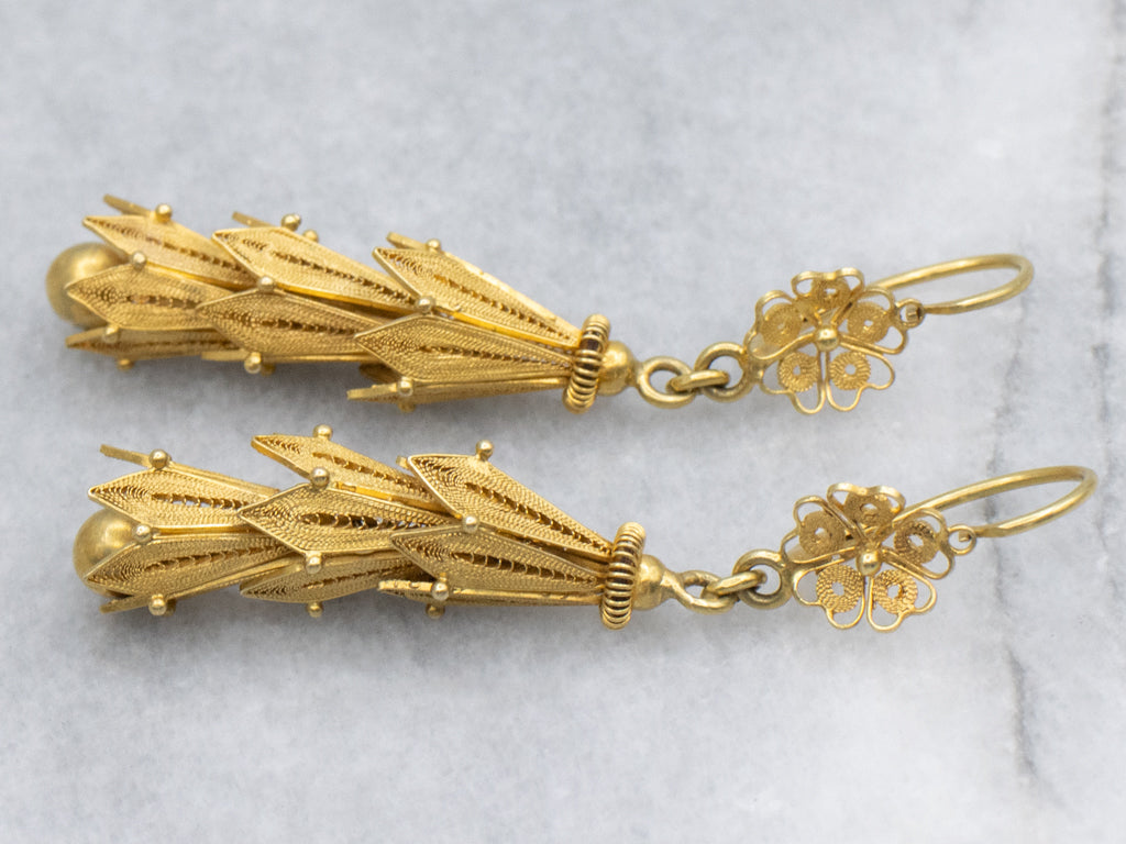 Vintage 18K Yellow Gold Quilled Filigree Drop Earrings