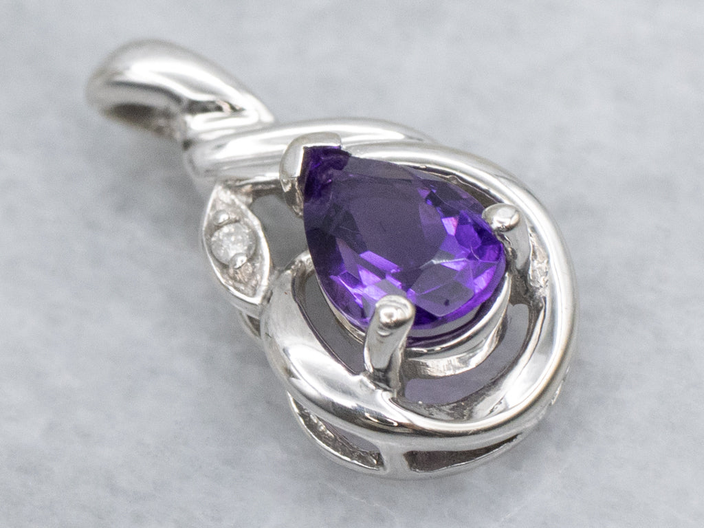 Pear Cut Amethyst and Diamond Accent Twisting White Gold Pendant