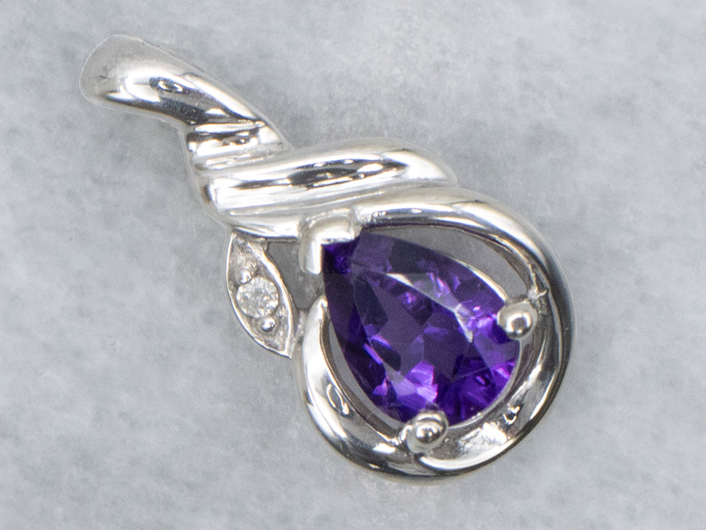 Pear Cut Amethyst and Diamond Accent Twisting White Gold Pendant