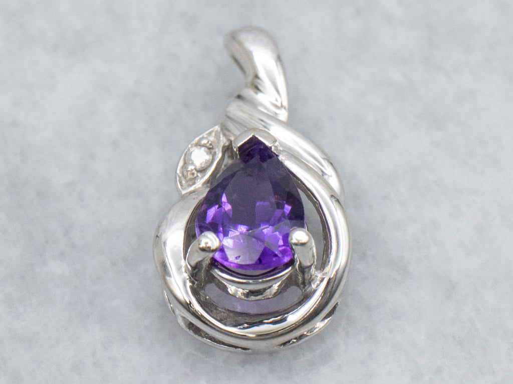 Pear Cut Amethyst and Diamond Accent Twisting White Gold Pendant
