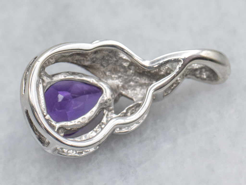 Pear Cut Amethyst and Diamond Accent Twisting White Gold Pendant