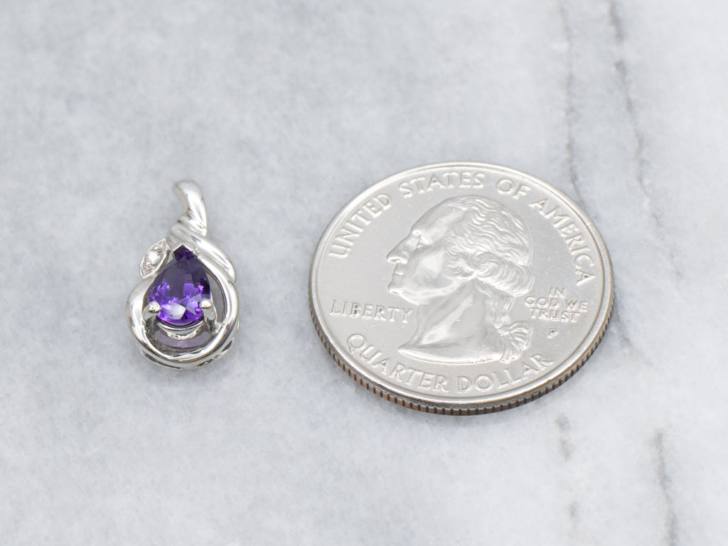 Pear Cut Amethyst and Diamond Accent Twisting White Gold Pendant