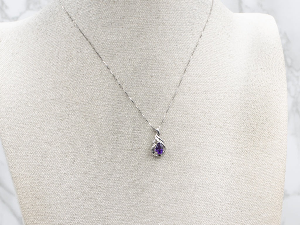 Pear Cut Amethyst and Diamond Accent Twisting White Gold Pendant