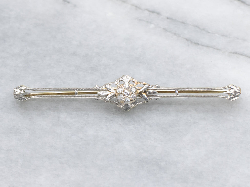 Old Mine Cut Diamond Cluster Elongated Floral Bar Pin