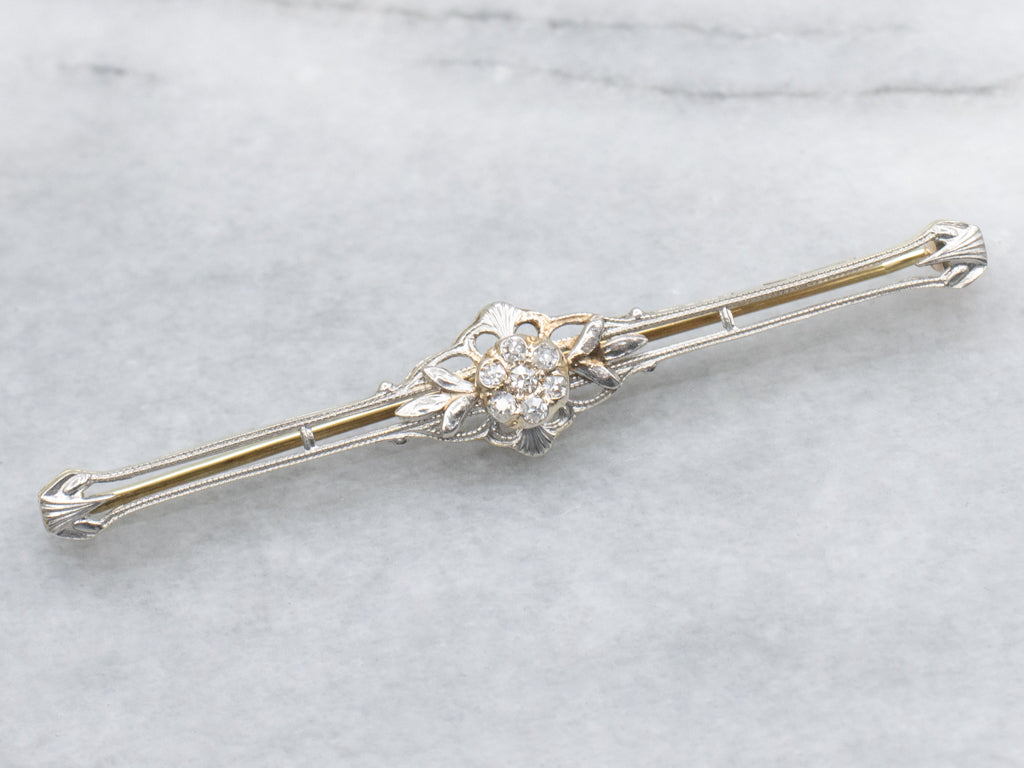 Old Mine Cut Diamond Cluster Elongated Floral Bar Pin