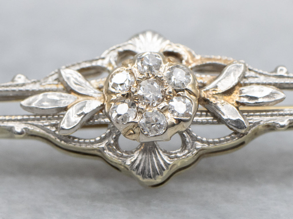 Old Mine Cut Diamond Cluster Elongated Floral Bar Pin
