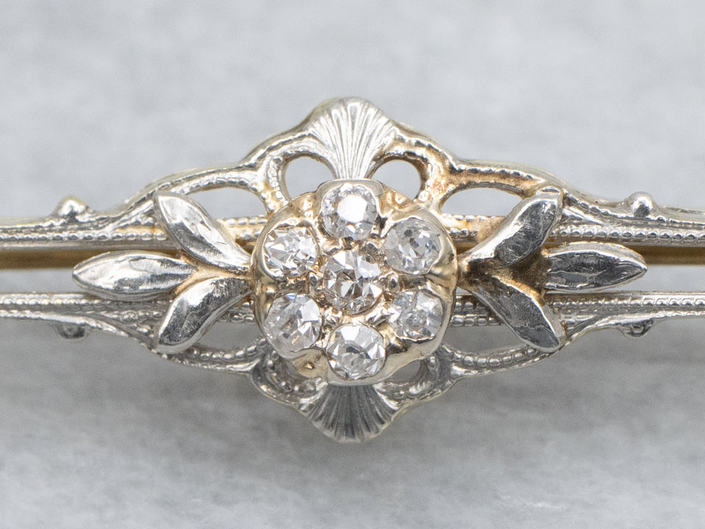Old Mine Cut Diamond Cluster Elongated Floral Bar Pin
