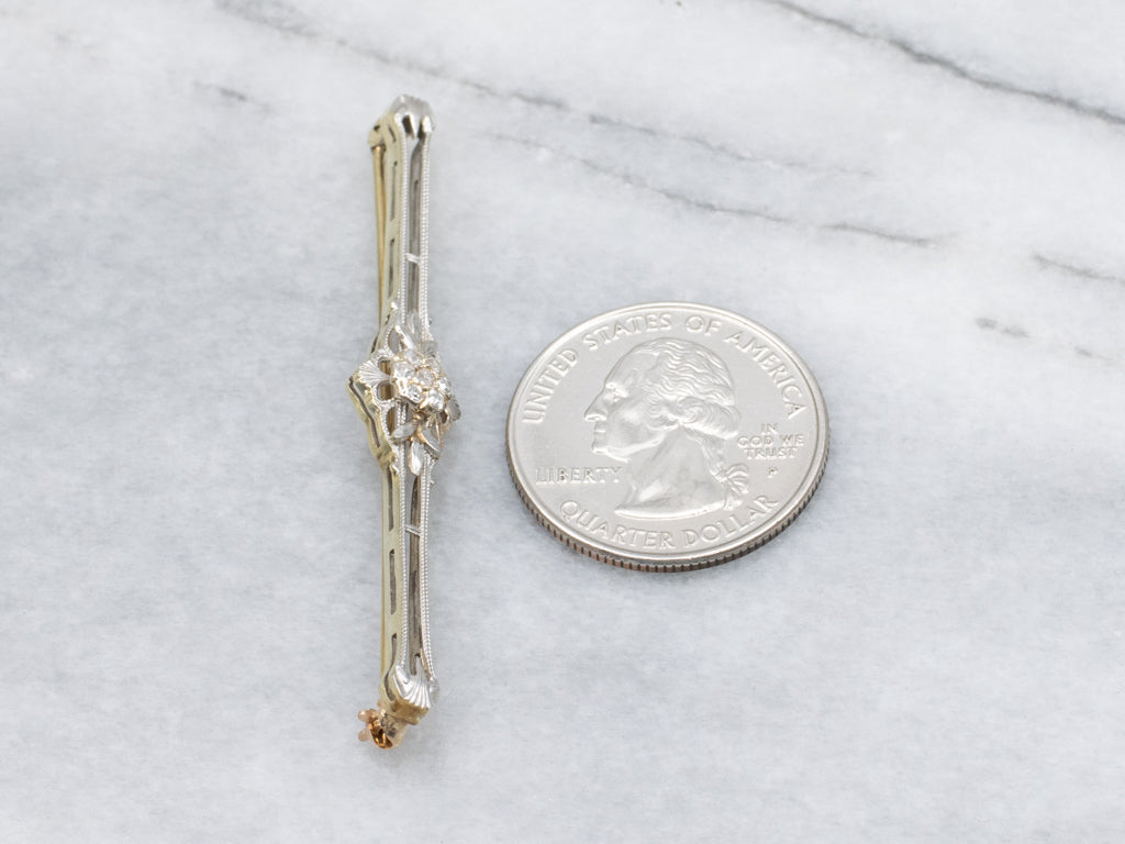 Old Mine Cut Diamond Cluster Elongated Floral Bar Pin