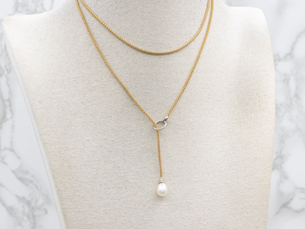 Freshwater Pearl Drop Italian Gold Lariat Necklace