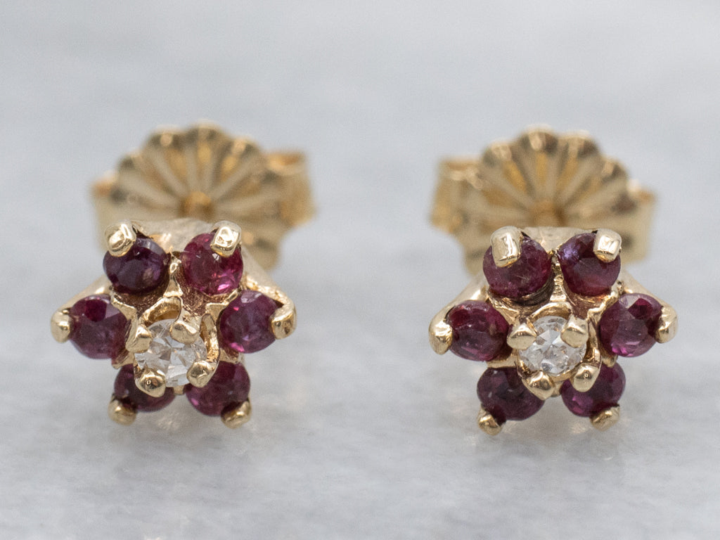 Diamond and Ruby Halo Yellow Gold Stud Earrings