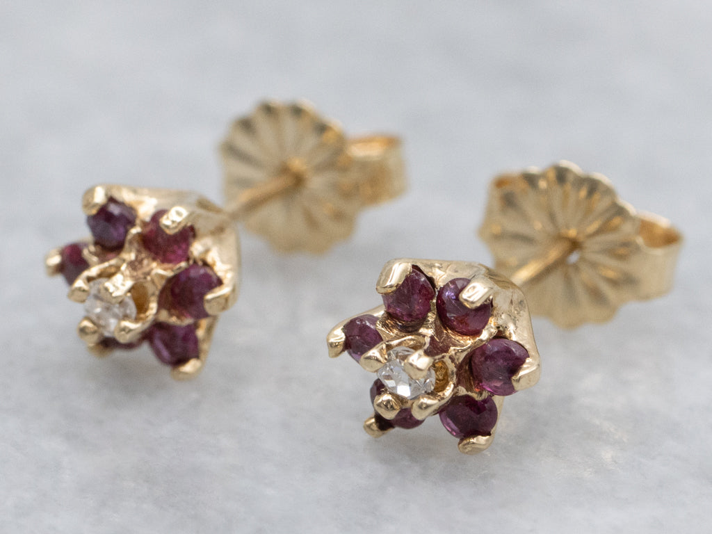 Diamond and Ruby Halo Yellow Gold Stud Earrings