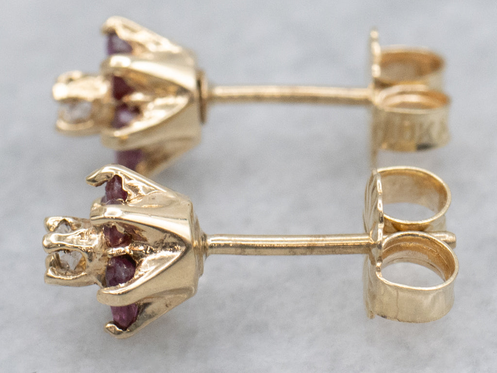 Diamond and Ruby Halo Yellow Gold Stud Earrings