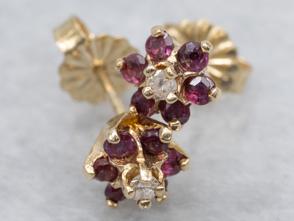 Diamond and Ruby Halo Yellow Gold Stud Earrings