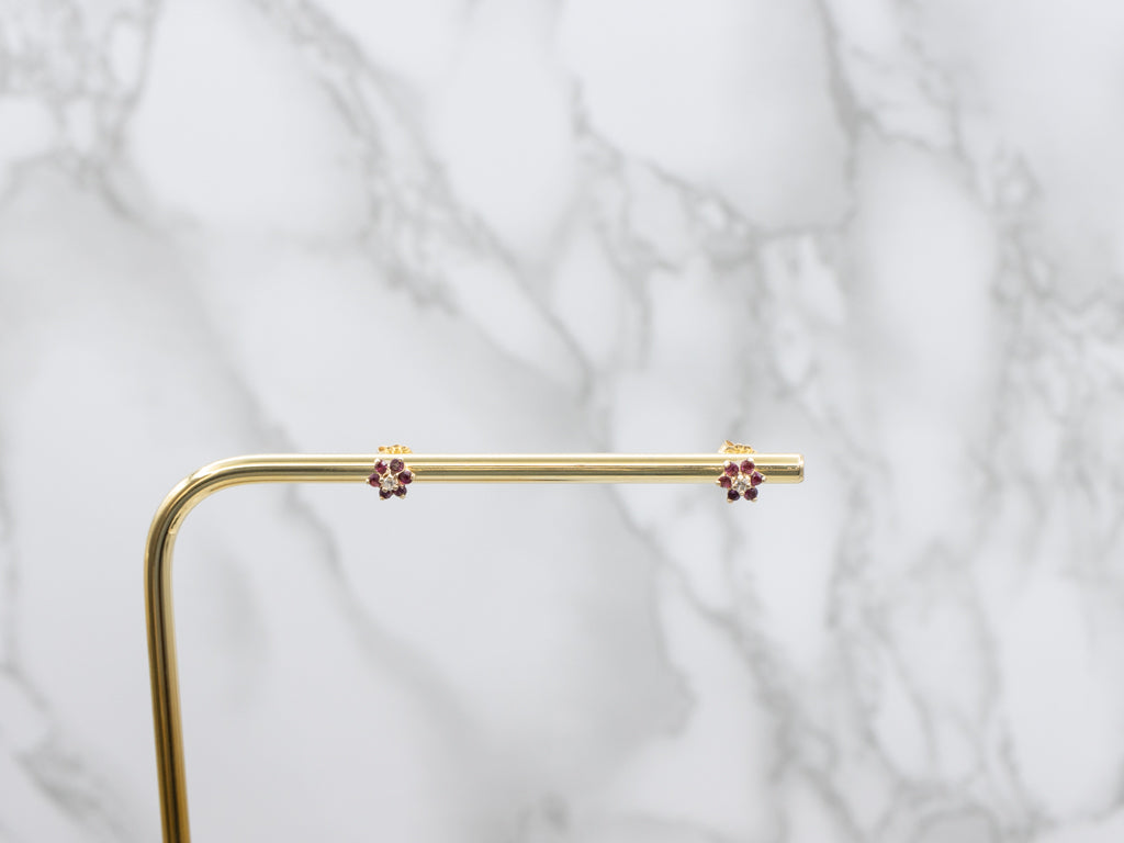 Diamond and Ruby Halo Yellow Gold Stud Earrings