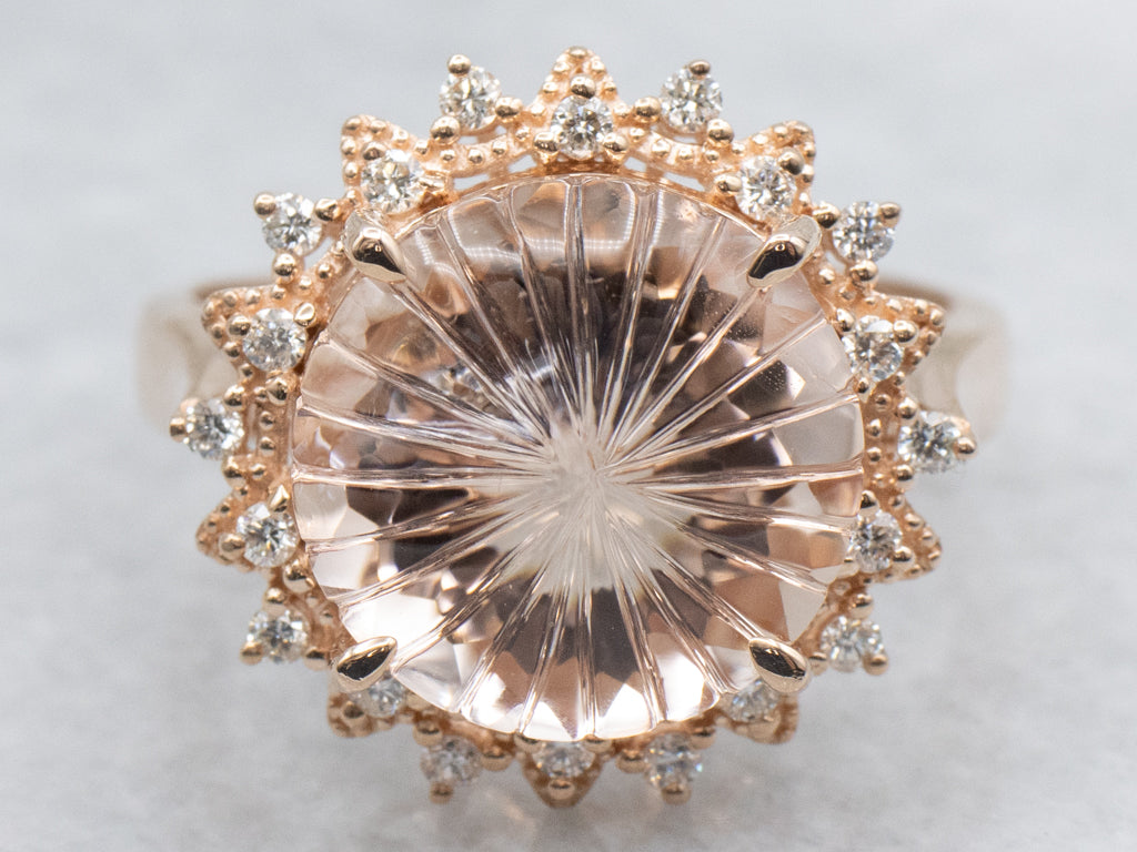 Pretty Rose Quartz and Diamond Halo Rose Gold Cocktail Ring