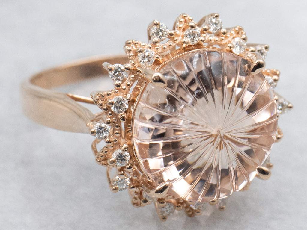 Pretty Rose Quartz and Diamond Halo Rose Gold Cocktail Ring
