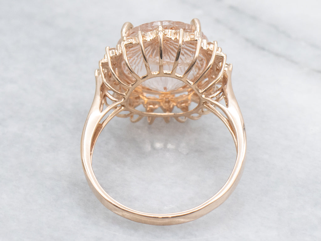 Pretty Rose Quartz and Diamond Halo Rose Gold Cocktail Ring