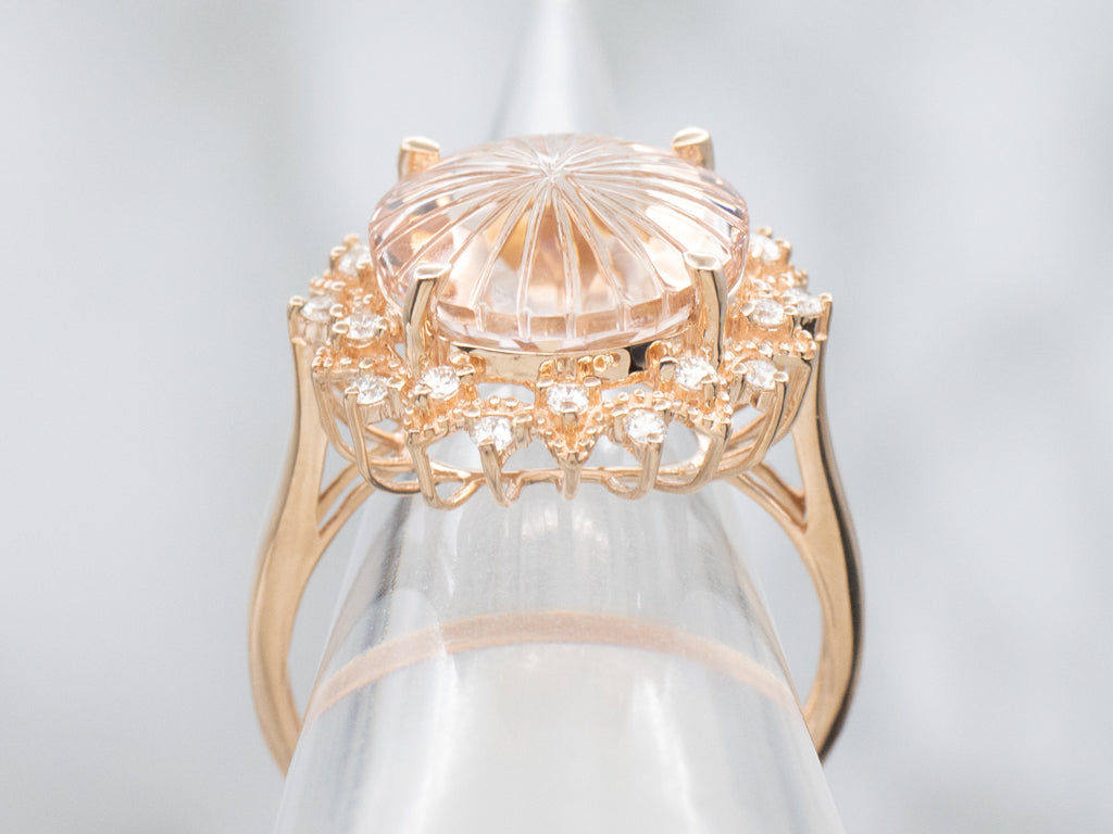 Pretty Rose Quartz and Diamond Halo Rose Gold Cocktail Ring