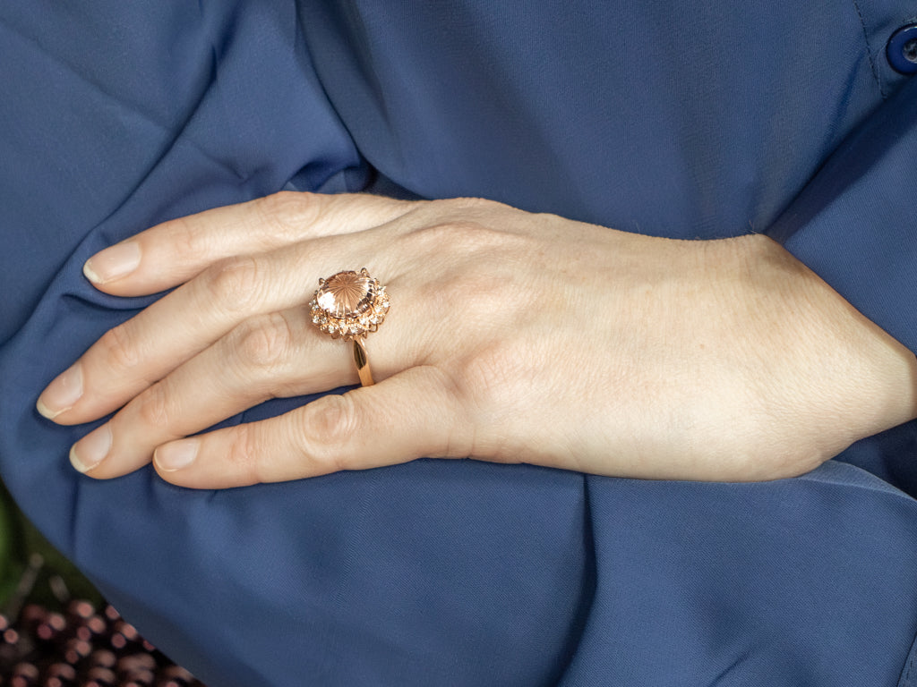 Pretty Rose Quartz and Diamond Halo Rose Gold Cocktail Ring