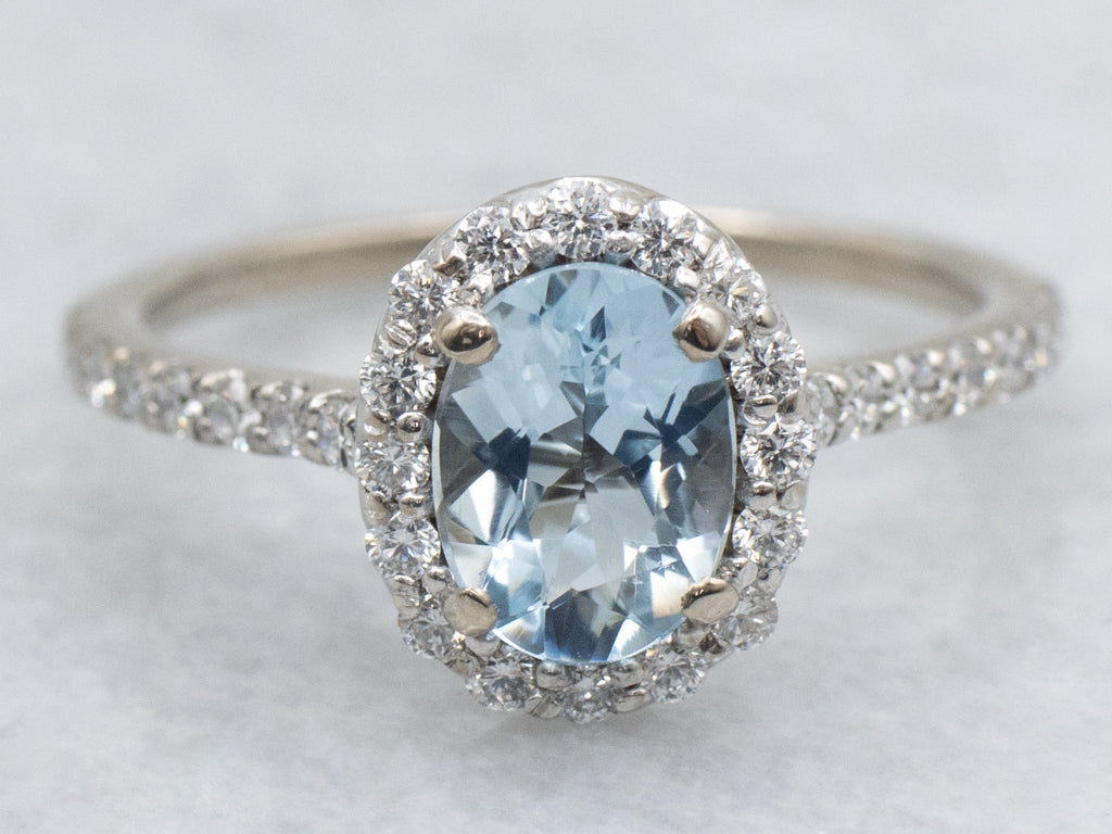 Modern Aquamarine and Diamond Halo White Gold Ring