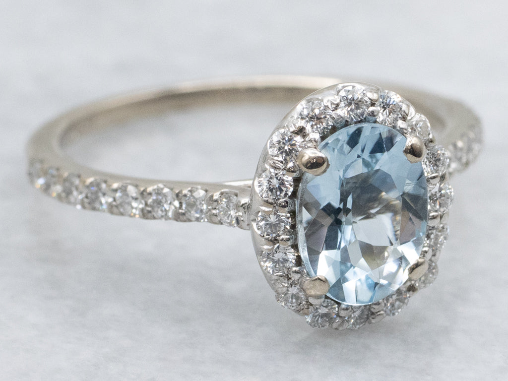 Modern Aquamarine and Diamond Halo White Gold Ring