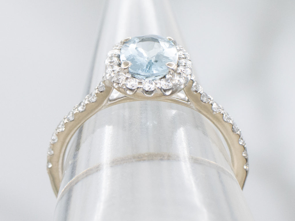 Modern Aquamarine and Diamond Halo White Gold Ring