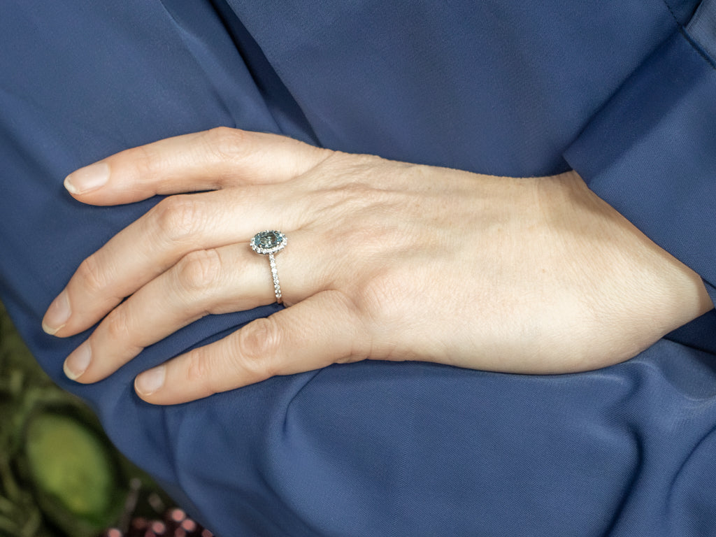 Modern Aquamarine and Diamond Halo White Gold Ring