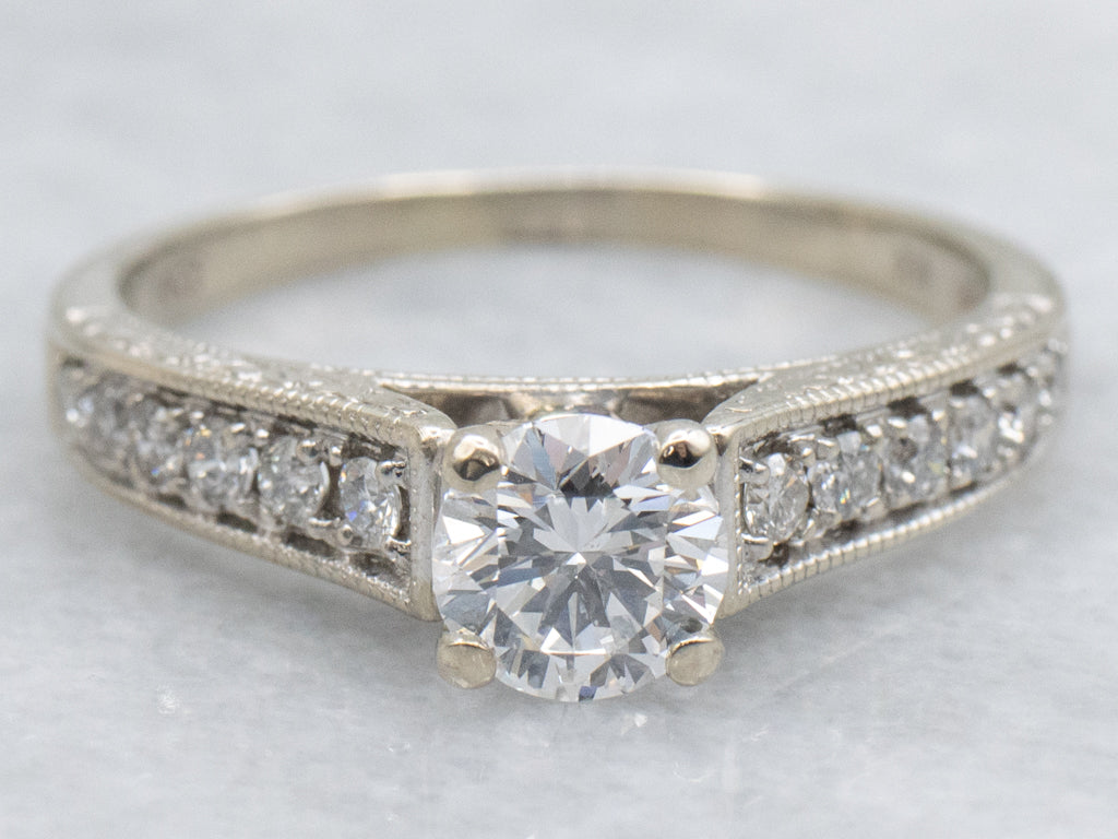 GIA Certified Diamond Engraved White Gold Engagement Ring