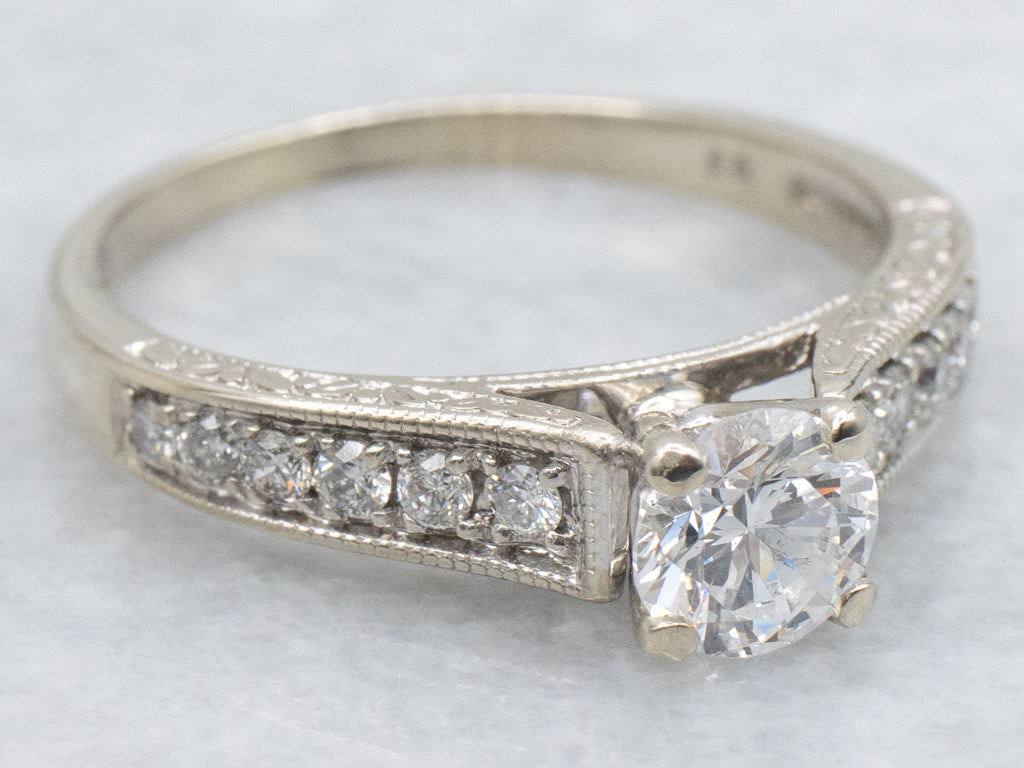 GIA Certified Diamond Engraved White Gold Engagement Ring