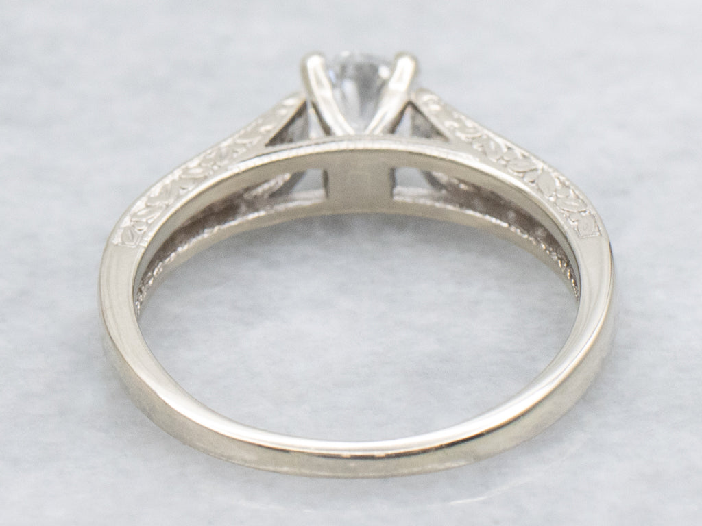 GIA Certified Diamond Engraved White Gold Engagement Ring