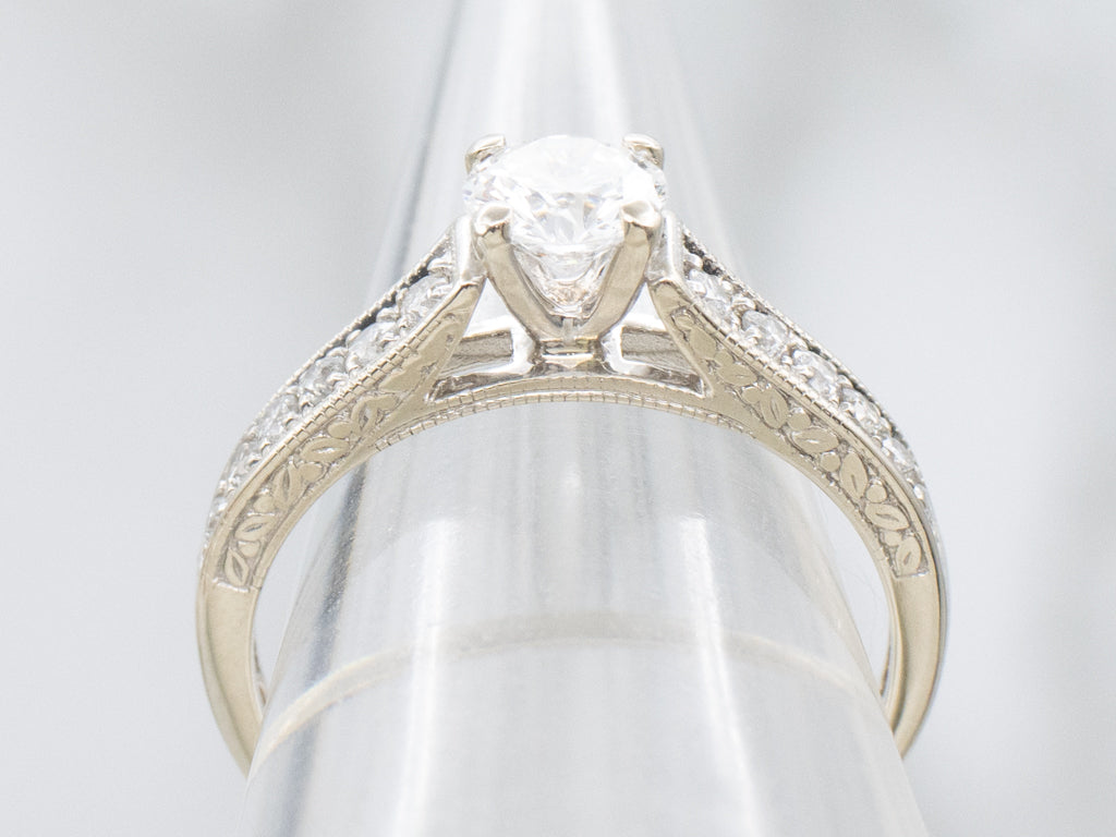 GIA Certified Diamond Engraved White Gold Engagement Ring