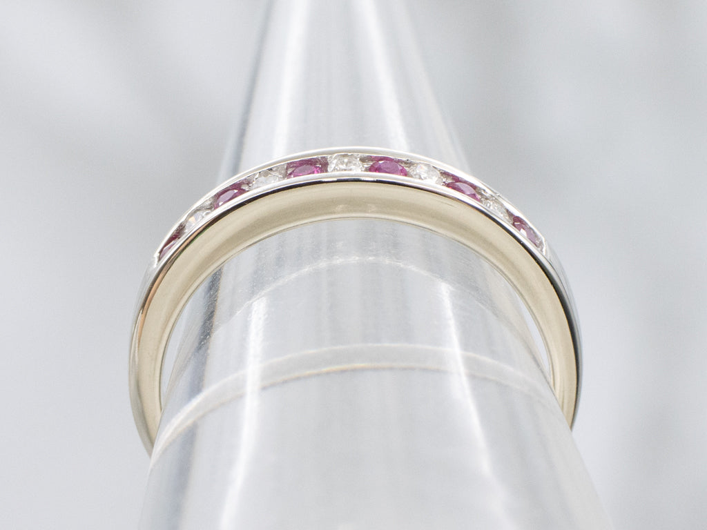 Channel-Set Ruby and Diamond White Gold Band