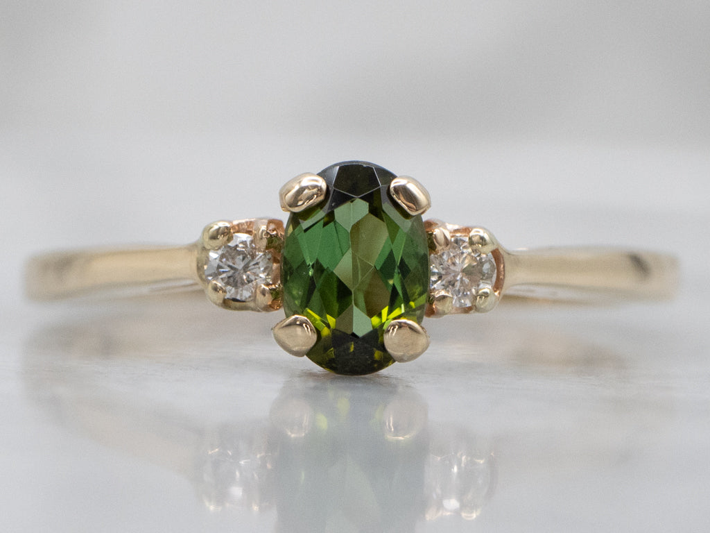 Oval-Cut Green Tourmaline and Diamond Yellow Gold Ring
