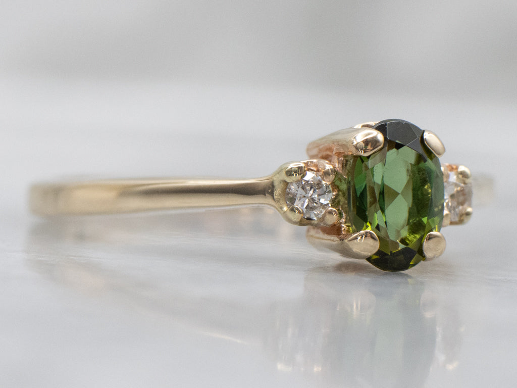 Oval-Cut Green Tourmaline and Diamond Yellow Gold Ring