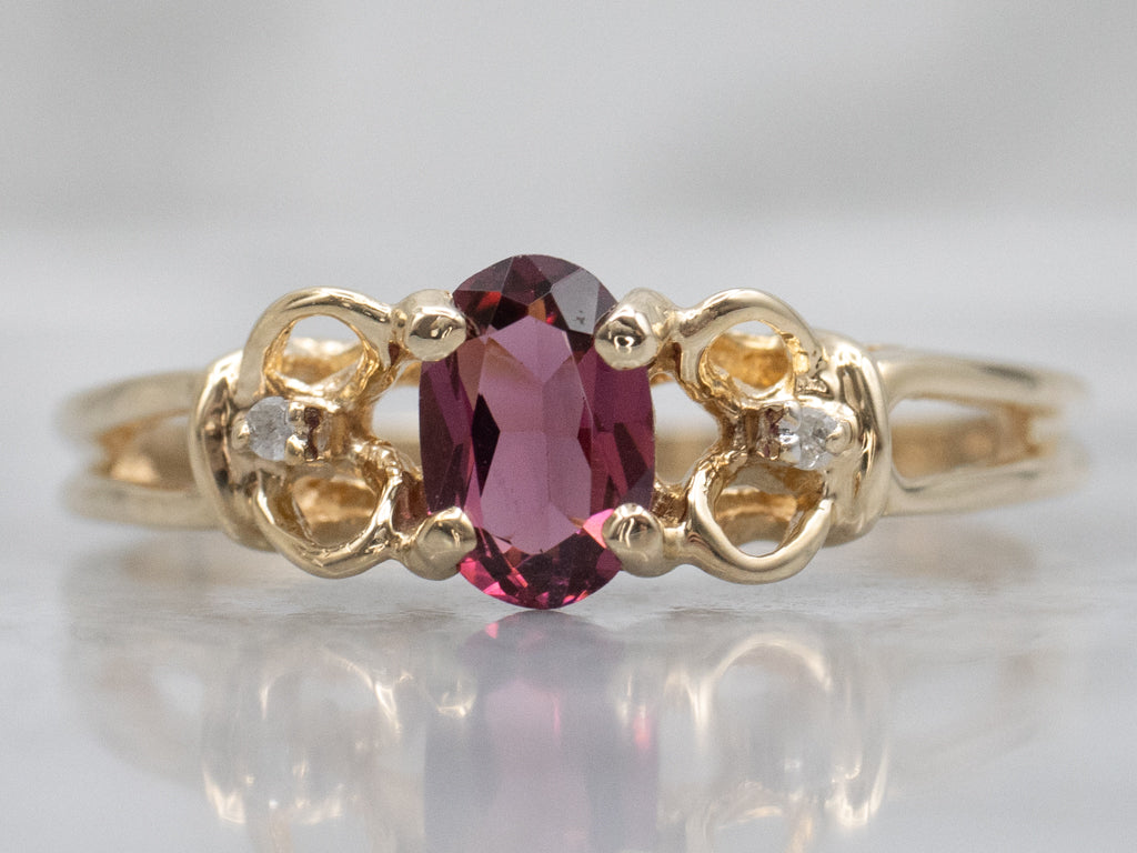 Yellow Gold Rhodolite Garnet and Diamond Three Stone Ring