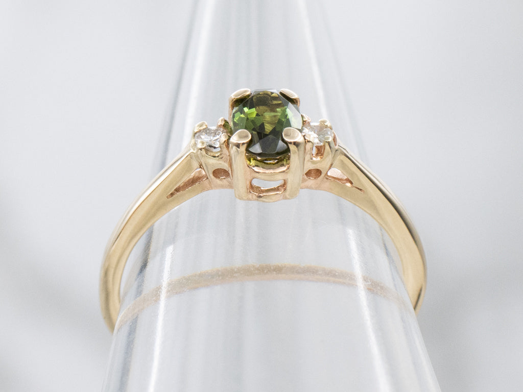 Oval-Cut Green Tourmaline and Diamond Yellow Gold Ring