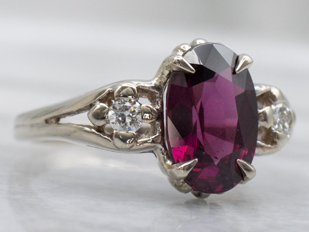 Rhodolite Garnet and Diamond White Gold Ring with Split Shank