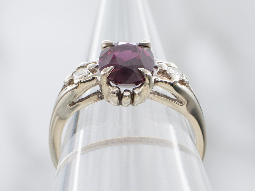 Rhodolite Garnet and Diamond White Gold Ring with Split Shank