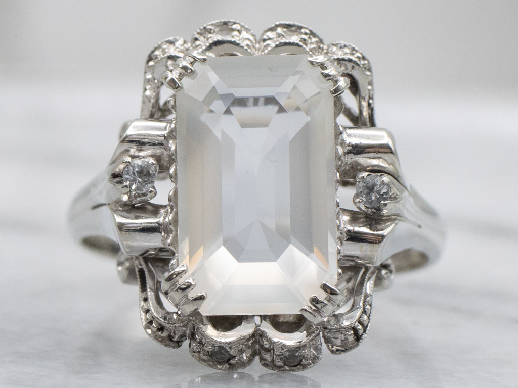 Vintage Moonstone and Synthetic Spinel White Gold Ring