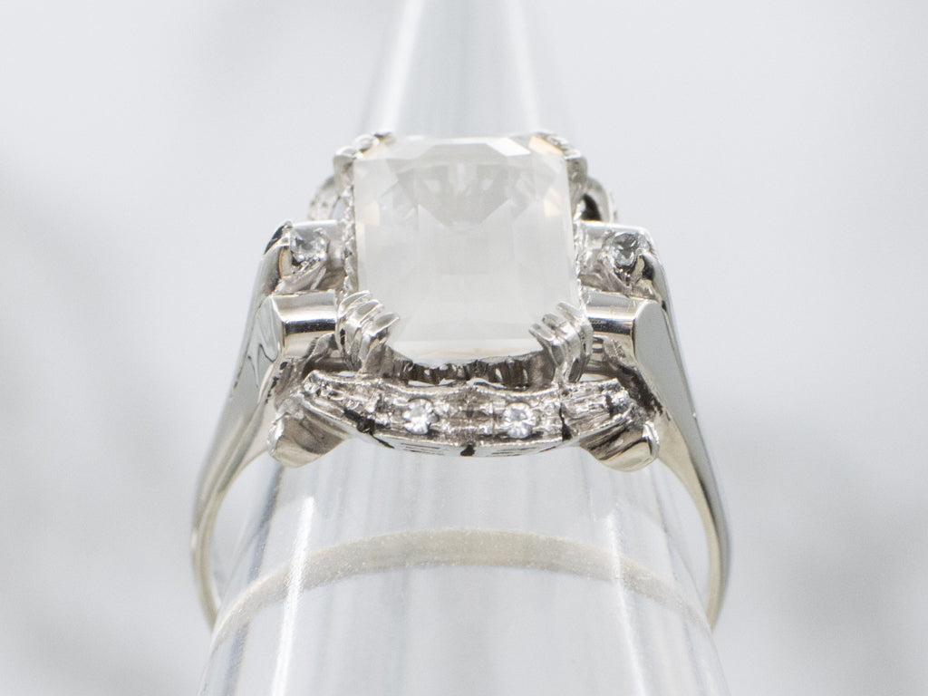 Vintage Moonstone and Synthetic Spinel White Gold Ring
