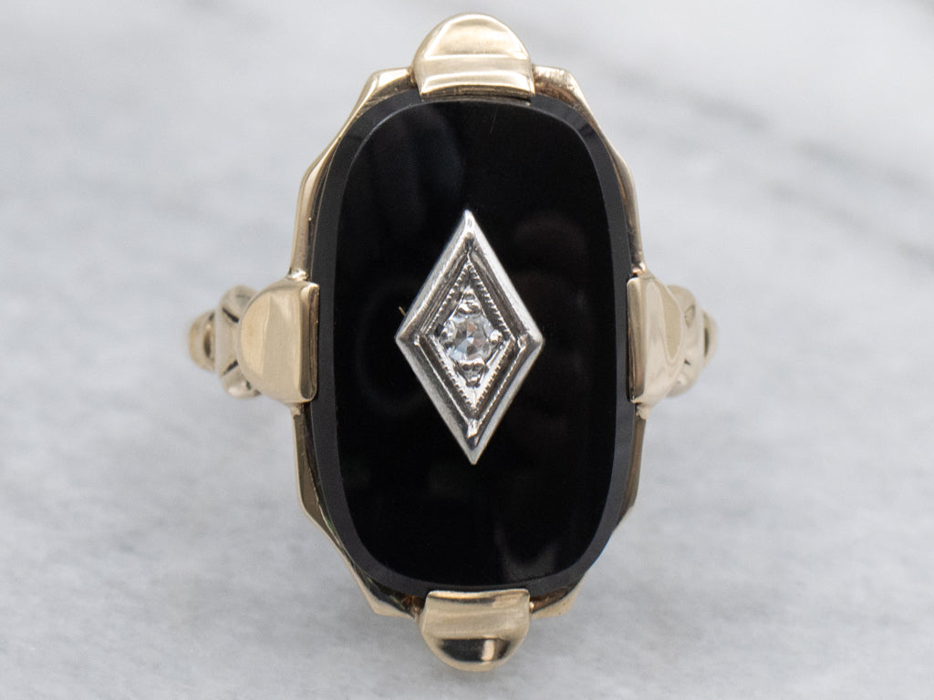 Mid-Century Black Onyx and Diamond Ladies Ring
